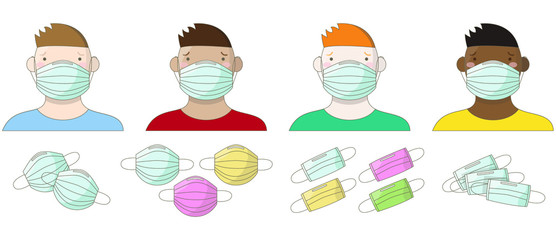 Masked men of different races, types of medical masks