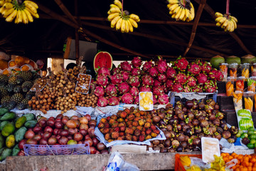 Street market with tropical fruits in Thailand, Phuket