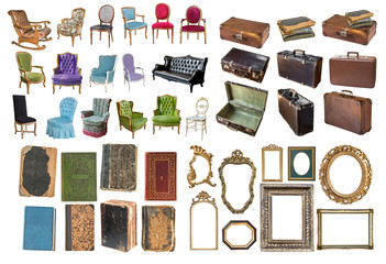 Set of a huge amount gorgeous old vintage items. Antique armchairs, vintage suitcases, old books, beautiful frames for paintings and mirrors. Isolated on white background.