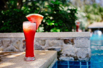 Fresh sweet watermelon juice cocktail on the poolside