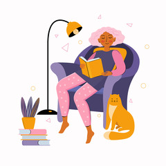 Young woman spends time at home reading a book. Literary fan reading books while sitting in a chair. Spending time at home. Favorite activities at home with Pets. Hand drawn flat illustration.