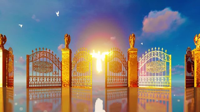 Golden gates of heaven opening revealing glowing angel and flying white doves