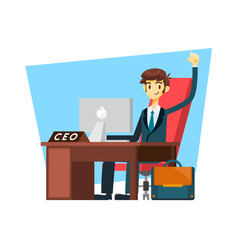 businessman cartoon character sit in front of desk with proud and strong pose