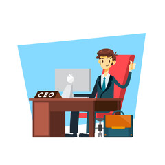 businessman cartoon character sit in front of his desk raising his thumb