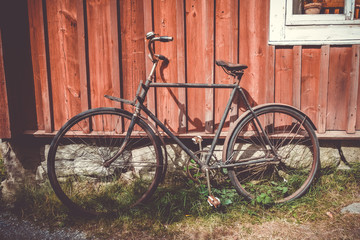 Fototapeta na wymiar Old bicycle on a wooden wall