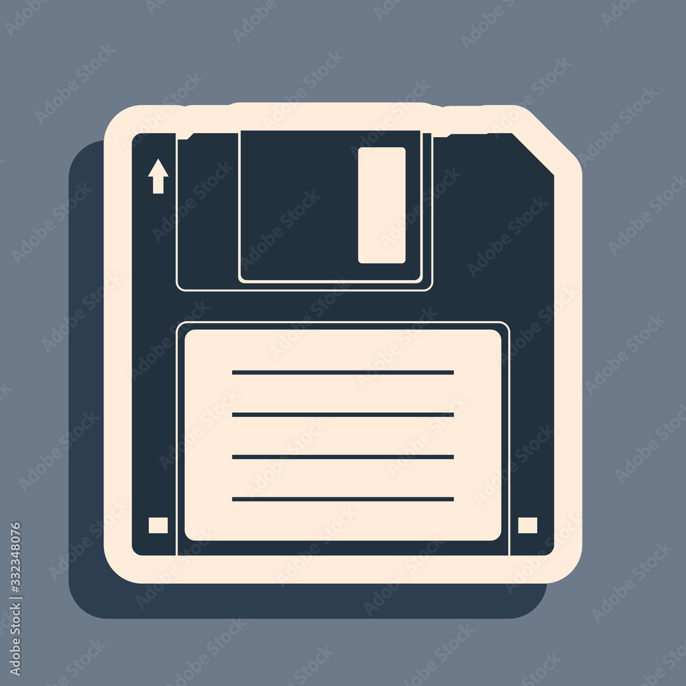 Poster black floppy disk for computer data storage icon isolated on grey background. diskette sign. long sh