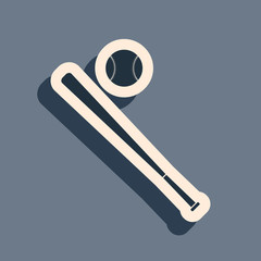 Black Baseball ball and bat icon isolated on grey background. Long shadow style. Vector Illustration