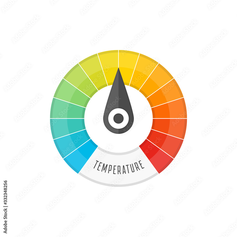 Poster round temperature gauge, isolated on white background. colored measuring semicircle scale in flat st
