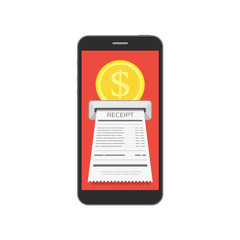 Receipt bill on smartphone screen. Billing check online, bills checking or paycheck receipts mobile notification. Mobile bank app, tax center concept. Vector illustration in flat style. EPS 10.