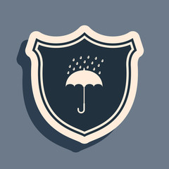 Black Waterproof icon isolated on grey background. Shield and umbrella. Protection, safety, security concept. Water resistant symbol. Long shadow style. Vector Illustration