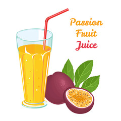 Passion fruit fresh juice in glass cup with straw isolated on white background. Vector illustration of  delicious tropical fruit drink in cartoon flat style.