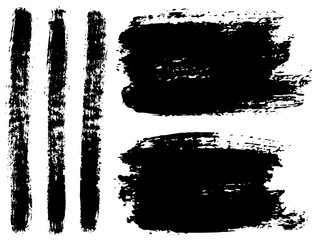 Black brush stroke set isolated on white background. Trendy brush stroke for black ink paint, grunge splash, dirt banner, watercolor design and dirty texture. Creative art concept, vector illustration