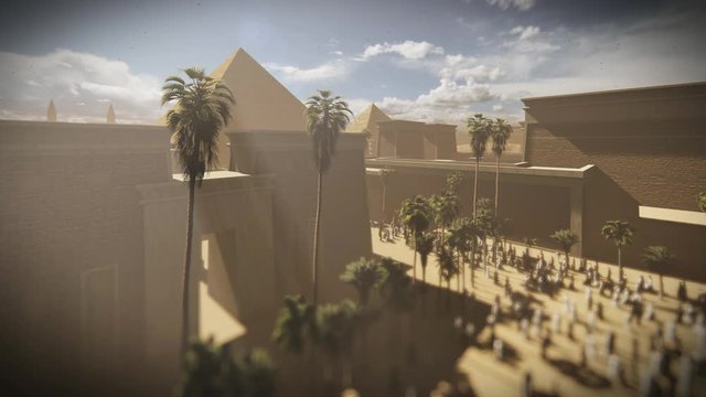 The Great Pyramids at Giza with Temples and egiptians walking, Cairo Egypt