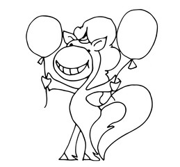 Coloring book for kids - unicorn with ballons. Black and white cute cartoon unicorns. Vector illustration.