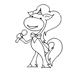 Coloring book for kids - unicorn singing with a microphone. Black and white cute cartoon unicorns. Vector illustration.	