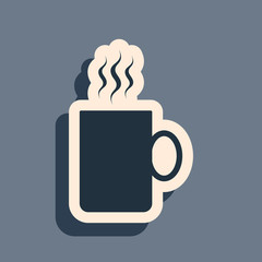 Black Coffee cup flat icon isolated on grey background. Tea cup. Hot drink coffee. Long shadow style. Vector Illustration