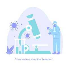 Coronavirus vaccine research to stop covid-19 ncov virus epidemic concept illustration. Medical scientists in hazmat suits with microscope vector flat illustration