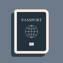 Black Passport with biometric data icon isolated on grey background. Identification Document. Long shadow style. Vector Illustration