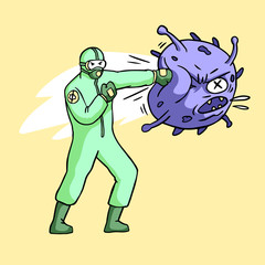 Medical officer wearing hazmat suit jab punching virus monster vector illustration for stop coronavirus global epidemic concept design
