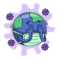 Earth globe closing its eyes using hand with virus monster around for world panic afraid during coronavirus covid-19 global epidemic concept design