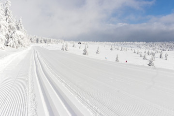 Groomed track for cross country skiing mountains blue sky
