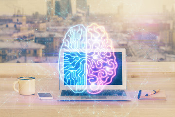 Multi exposure of work space with computer and human brain hologram. Brainstorm concept.