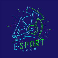 Fototapeta premium Esport streamer logo icon outline stroke, Joypad or Controller gaming gear with headphones, microphone and radius helmet armor design on blue background with Esport Team text and copy space, vector