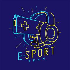 Esport streamer logo icon outline stroke, Joypad or Controller gaming gear with headphones, microphone and radius gun design isolated on blue background with Esport Team text and copy space, vector