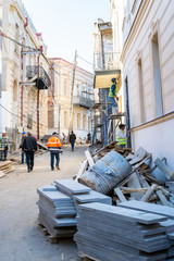 Workers at work  renovating old town buildings. Consruction works in Old town. Tbilisi. Georgia.03.03.2020