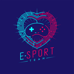 Esport logo icon outline stroke in heart love frame and radius, Joypad or Controller gaming gear design illustration isolated on dark blue background with Esport Team text and copy space, vector eps