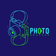 3D isometric Photographer logo icon outline stroke with infinity sign made from neck strap camera design illustration isolated on dark blue background with Photographer text and copy space, vector eps