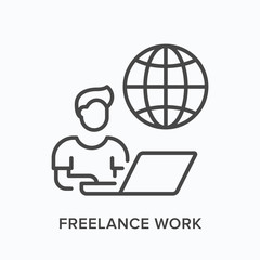 Man working on computer line icon. Freelance work, online education vector illustration. Person sitting in front of laptop, conference from home linear sign