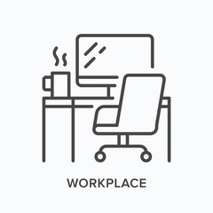 Workplace line icon. Table, computer monitor, chair and coffee mug vector illustration. Workspace interior linear sign
