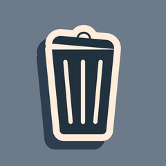 Black Trash can icon isolated on grey background. Garbage bin sign. Recycle basket icon. Office trash icon. Long shadow style. Vector Illustration