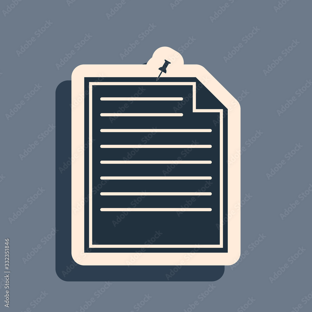 Poster black note paper with pinned pushbutton icon isolated on grey background. memo paper sign. long shad