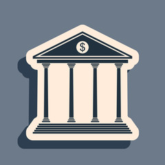 Black Bank building icon isolated on grey background. Long shadow style. Vector Illustration