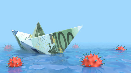 Paper boat in sea . The concept of the economic crisis. 3 d illustration.