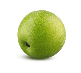 Ripe whole green apple with water drops isolated on white background. This image has better resolution and quality, and absolute sharpness from foreground to background.