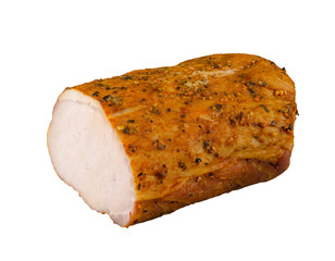 Slice of boiled ham isolated on white. This image has better resolution and quality, and absolute sharpness from foreground to background.