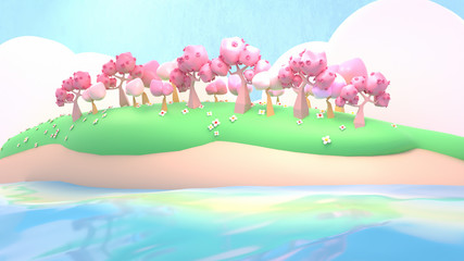Cartoon cherry blossom lake. 3d rendering picture.