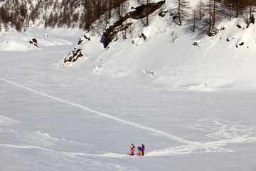 Devero Park ( Verbano-Cusio-Ossola ), Italy - January 15, 2017: The Codelago iced lake in Alpe Devero Park, Ossola Valley, VCO, Piedmont, Italy