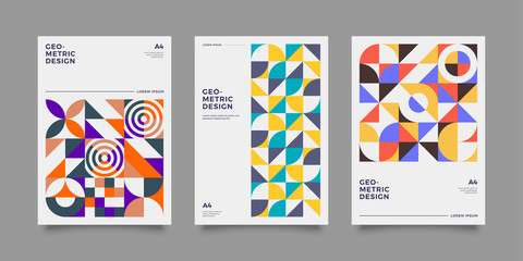 Set of abstract geometric minimal vector posters in neo-memphis/ bauhaus/ vaporwave style. Collection of retro futuristic covers for club party, music concert.