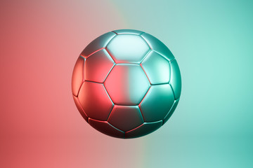 Prize metallic soccer ball lit in neon colors, place for text, icon