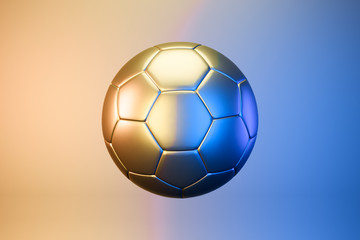 Prize metallic soccer ball lit in neon colors, place for text, icon