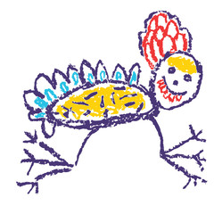 Tropical crazy fantastic doodle bird animal or insect. Crayon like kids hand drawn colorful bright funny jungle flying monster. Vivid smiling character. Vector pastel chalk or pencil childlike art