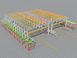 BIM-project of an industrial production frame of a building . 3D rendering. The structural model and drawings of the building were made by engineers. Structural engineering.
