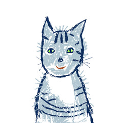 Funny smiling grey or blue cat. Crayon, pastel chalk or pencil artistic doodle stroke. Like child's hand drawing. Vector kid`s style isolated doodle kitten pet.