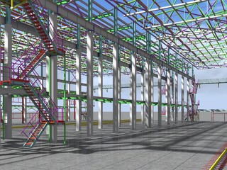 BIM-project of an industrial production frame of a building . 3D rendering. The structural model and drawings of the building were made by engineers. Structural engineering.