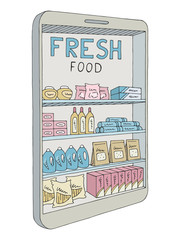 Mobile phone grocery shelves graphic color isolated sketch illustration vector