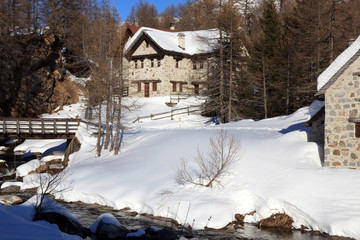 Devero Park ( Verbano-Cusio-Ossola ), Italy - January 15, 2017: The houses at Alpe Devero Park, Ossola Valley, VCO, Piedmont, Italy